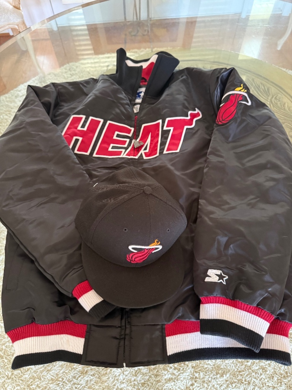 Starter NBA Miami Heat Bomber Varsity Jacket Matching New Era Cap Mens L NWOT